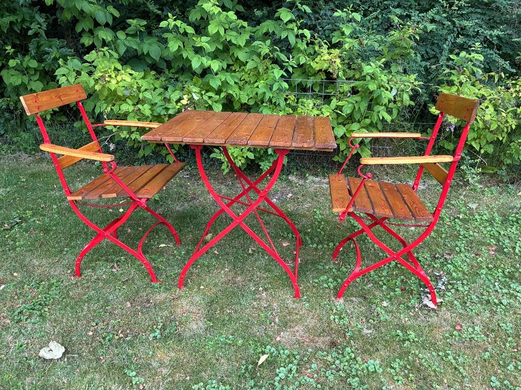 2x Vintage bistrostoeltjes tuinstoeltjes + tafeltje, Tuin en Terras, Tuinstoelen, Ophalen, Gebruikt, Metaal, Inklapbaar