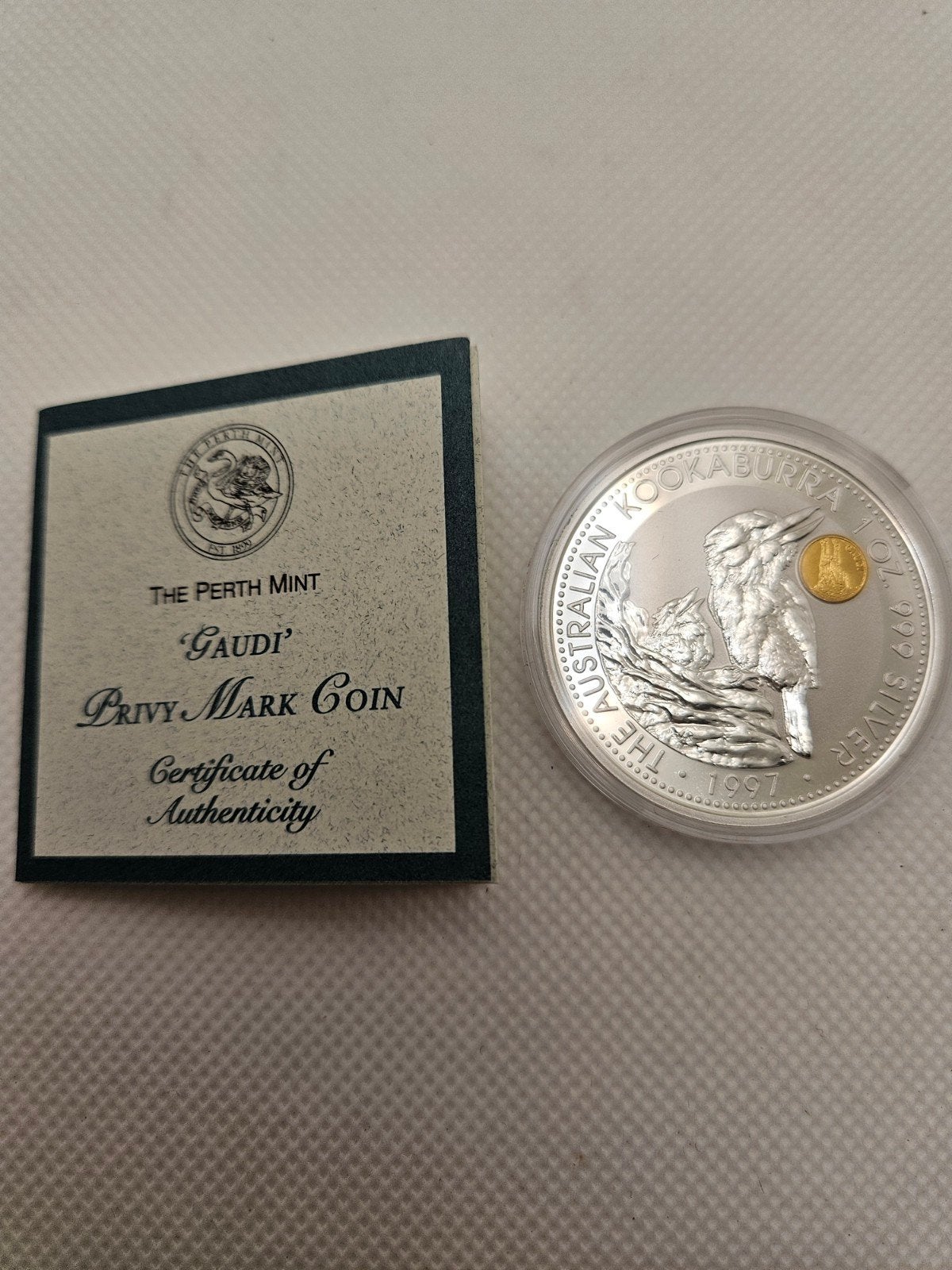Kookaburra 1997 1oz Zilver Munt met gouden Gaudi Privy Mark, Ophalen of Verzenden