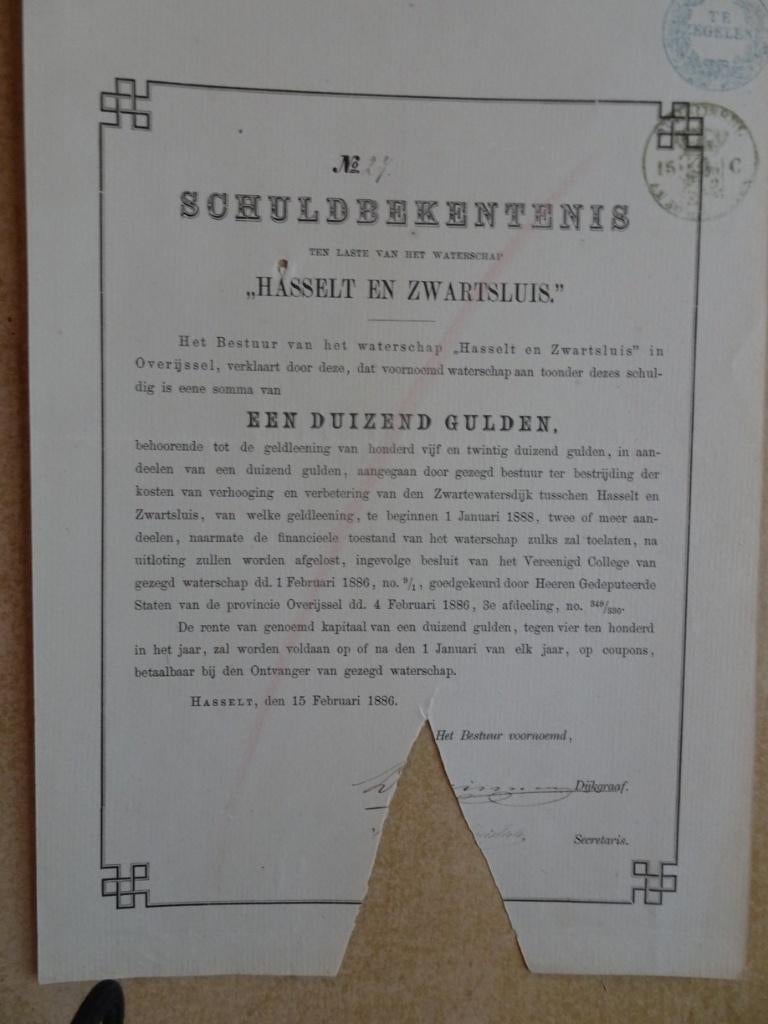 Schuldbekentenis Waterschap 'Hasselt en Zwartsluis" 1886, Ophalen of Verzenden, Voor 1920, Aandeel