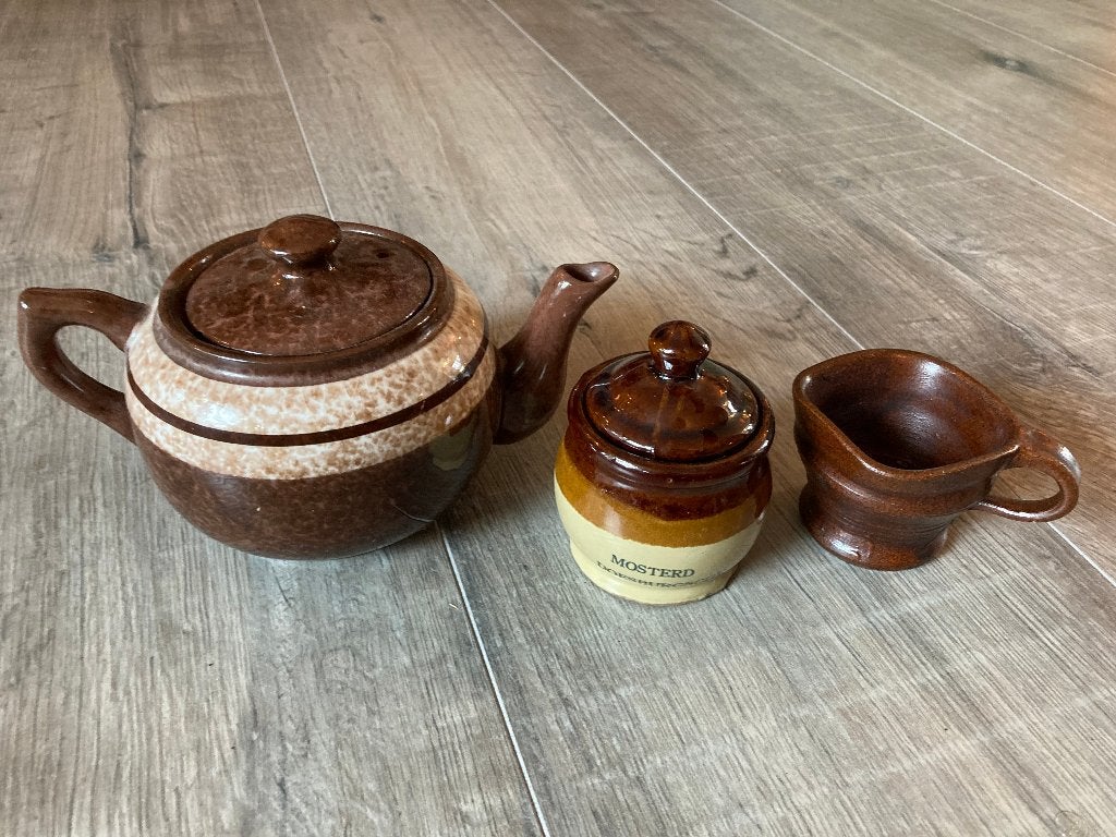 Vintage retro bruine theepot mosterdpotje schenkkannetje kan, Antiek en Kunst, Ophalen of Verzenden