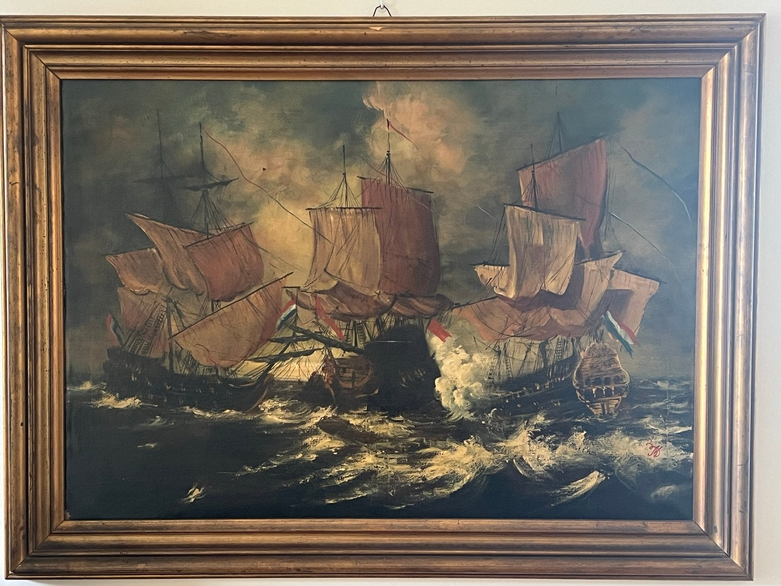 Zeeslag tussen piraten en Nederlandse schepen, Ophalen, Maritiem / water, Doek, Gesigneerd