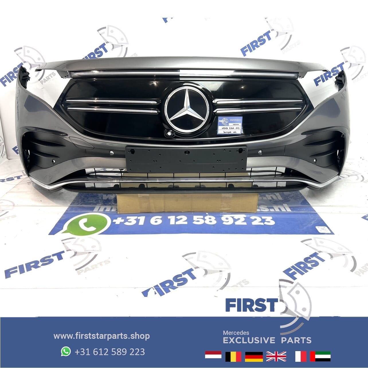 H243 EQA AMG LINE VOORBUMPER GRIJS COMPLEET + GRIL ORIGINEEL, Gebruikt, -, Voor, Ophalen of Verzenden