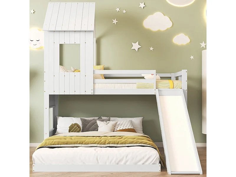 Stapelbed huis met glijbaan, incl. matrassen, Huis en Inrichting, Zo goed als nieuw, 200 cm, Stapelbed, 140 cm