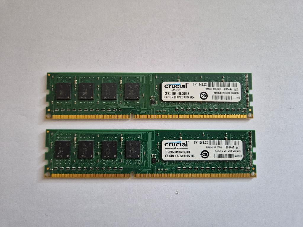 2x 8GB Crucial DDR3 1600MHz desktop geheugen - 16GB totaal, Computers en Software, RAM geheugen, Gebruikt, DDR3, Ophalen of Verzenden