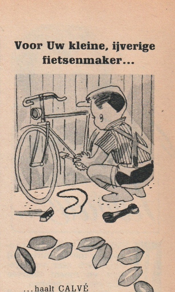 retro reclame 1955 Calvé pindakaas voor kleine fietsenmakers, Verzamelen, Verzenden, Overige typen