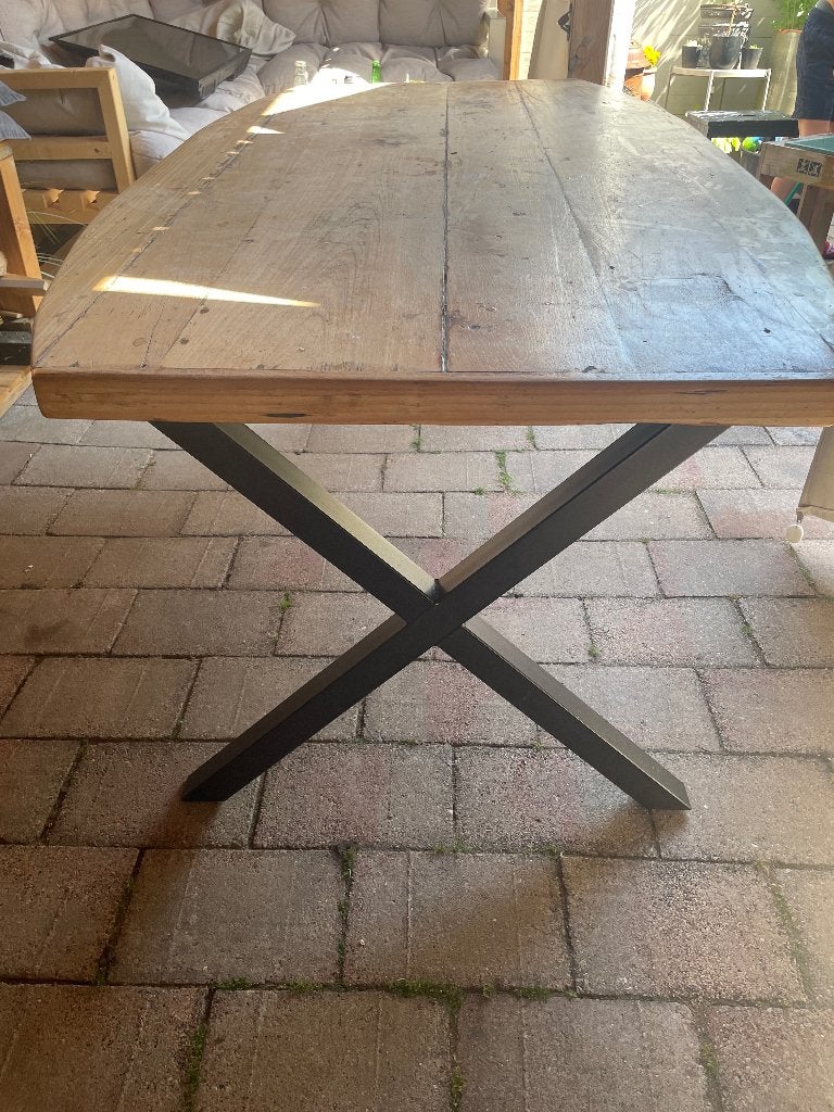 Houten Tafel met ijzeren onderstel, Ophalen, Teakhout, 200 cm of meer, 50 tot 100 cm