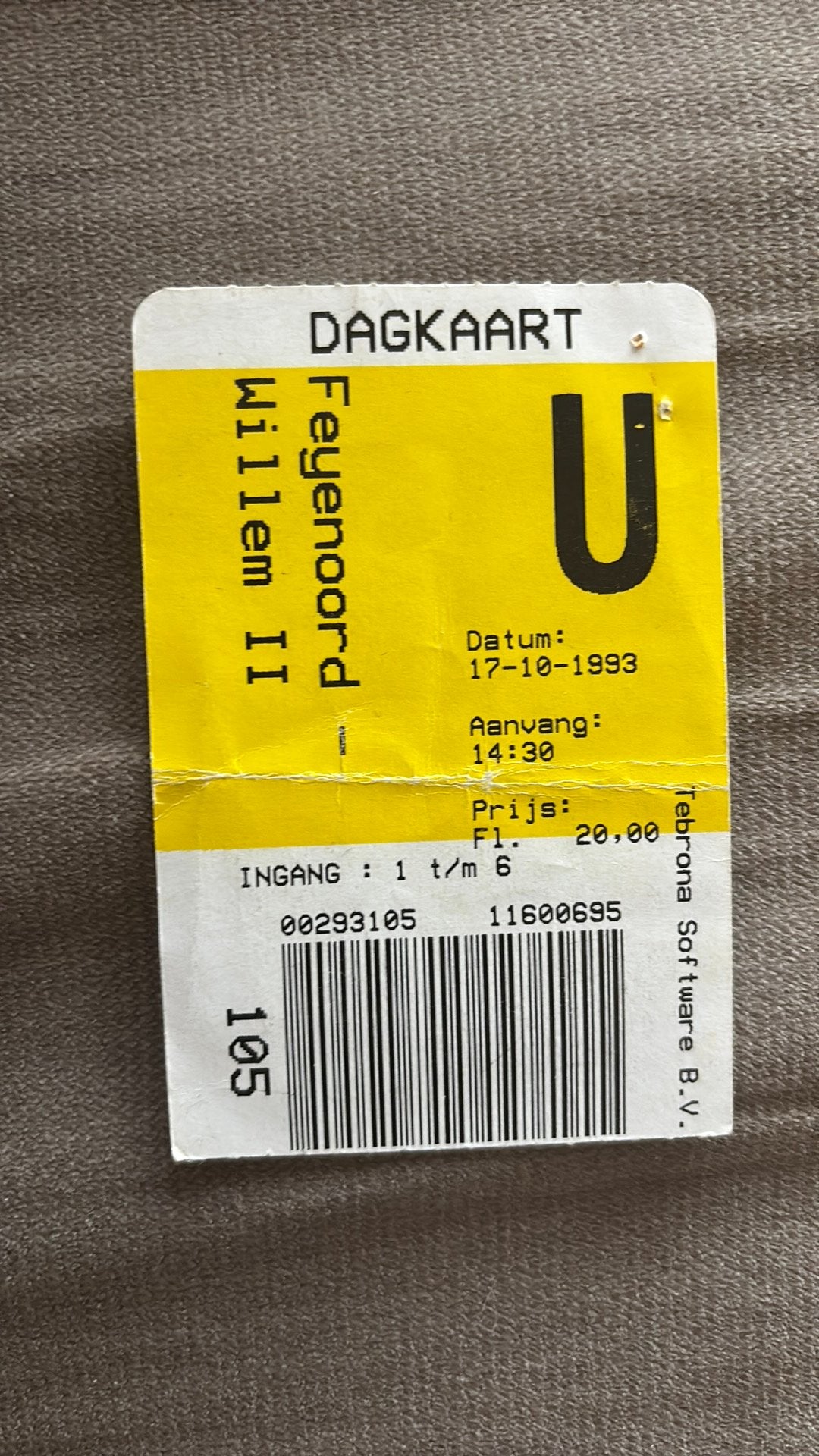 Oud stadionticket feyenoord willem II 1993, Verzamelen, Ophalen of Verzenden, Zo goed als nieuw, Feyenoord