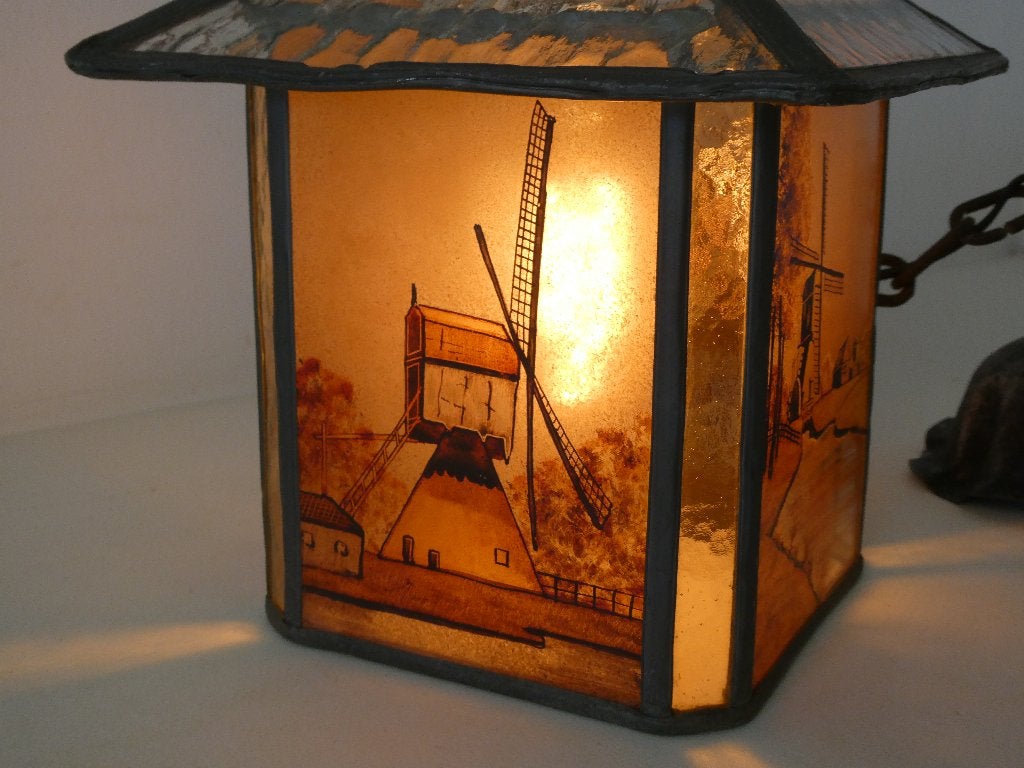 Glas in lood hanglamp lantaarnlamp Hollandse molen ca. 1920, Ophalen of Verzenden