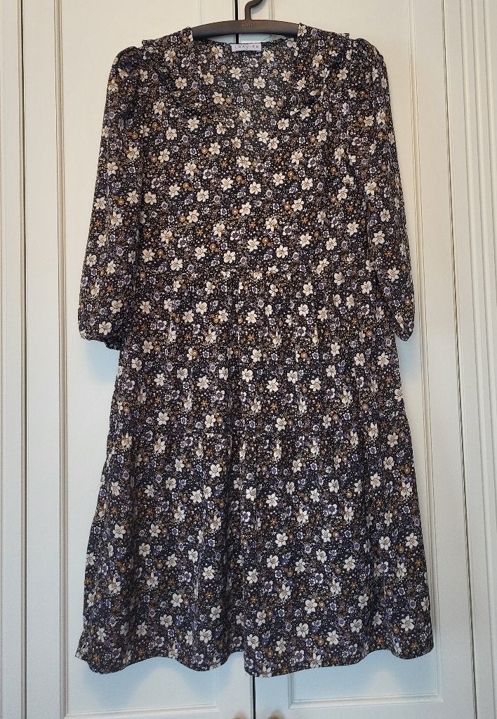 Als nieuw! Loavies jurk, zwart, paars, wit, bloemen, maat XS, Zwart, Ophalen of Verzenden, Maat 34 (XS) of kleiner, Boven de knie