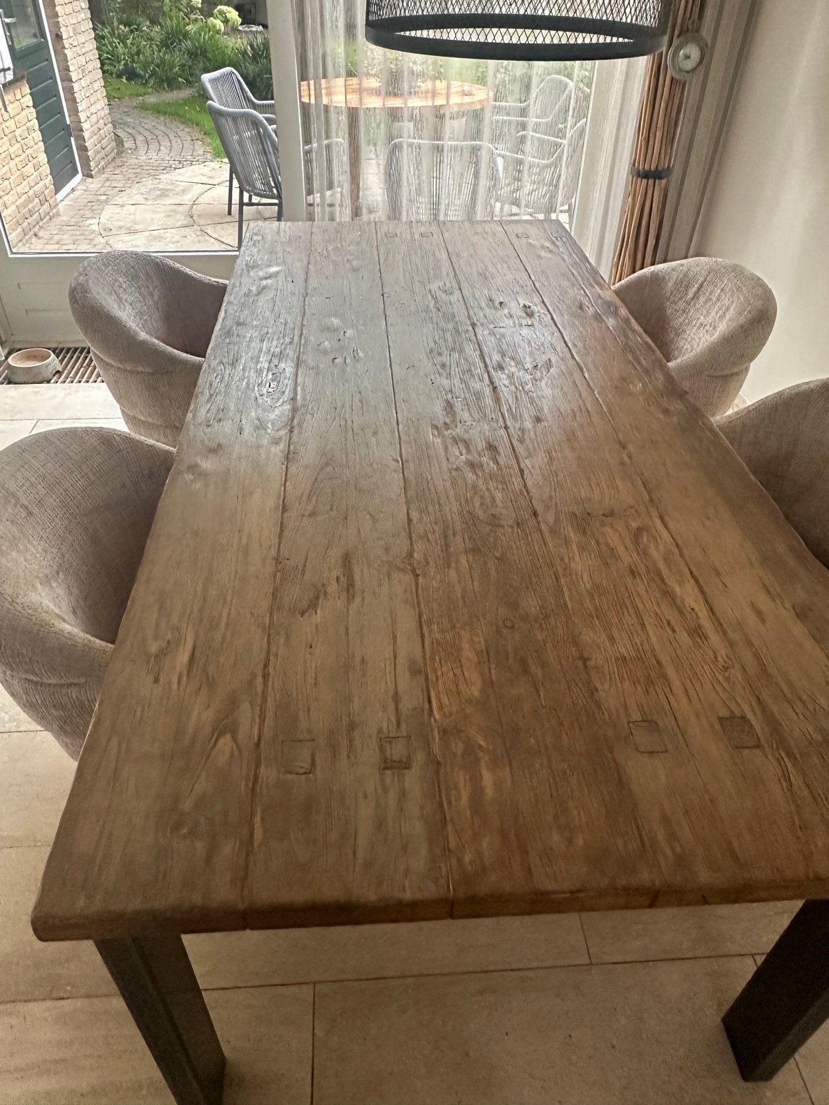 Teak eettafel met stalen poten - 220x100 cm, Huis en Inrichting, Tafels | Eettafels, Gebruikt, 100 tot 150 cm, Teakhout, 200 cm of meer