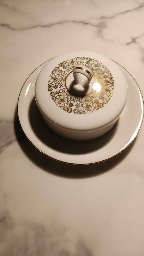 Vintage botervloot met gouden decoratie, Ophalen of Verzenden