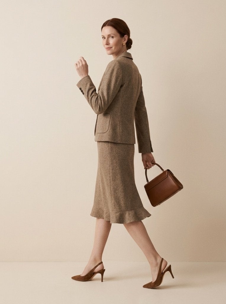 Natan wollen mantelpakje gemêleerd beige bruin 40/42, Maat 38/40 (M), Kostuum of Pak, Verzenden, Beige