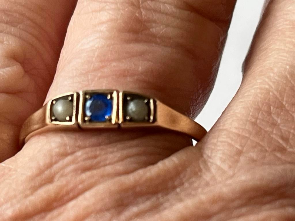 Gouden ring met Zaadparels en Aquamarijn - Maat 18,75, Sieraden, Tassen en Uiterlijk, Ringen, 18 tot 19, Verzenden, Zo goed als nieuw