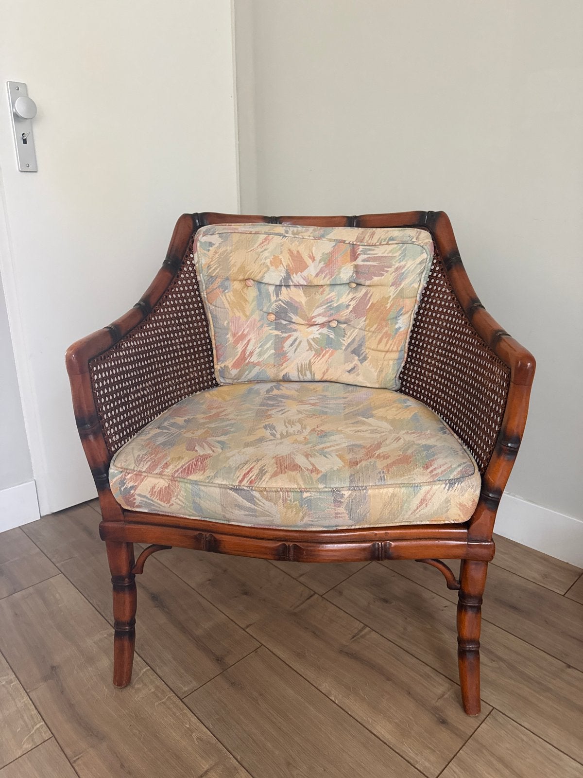 Pander Vintage rotan fauteuil met rieten details en kussen, Ophalen, Gebruikt, Bruin, Eén