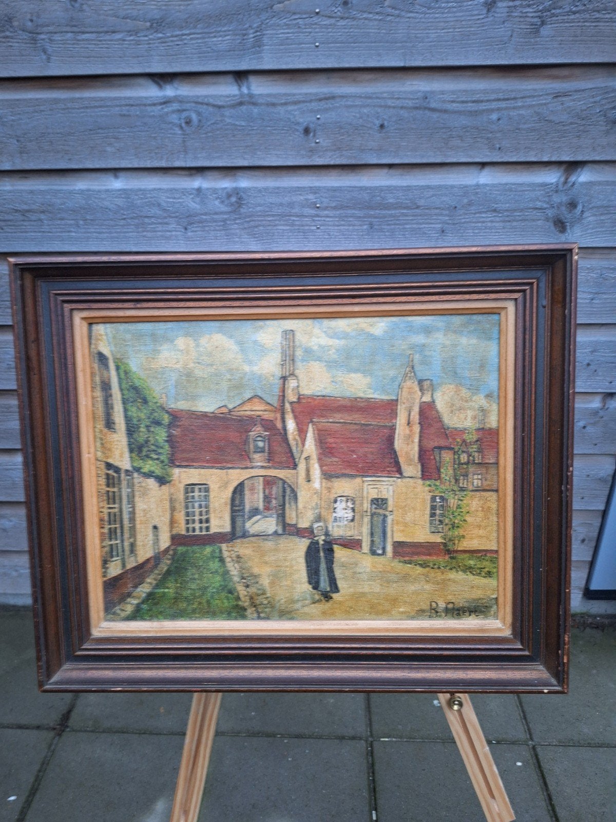 Oud schilderij: Stadsgezicht met figuur, gesigneerd, Antiek en Kunst, Ophalen of Verzenden