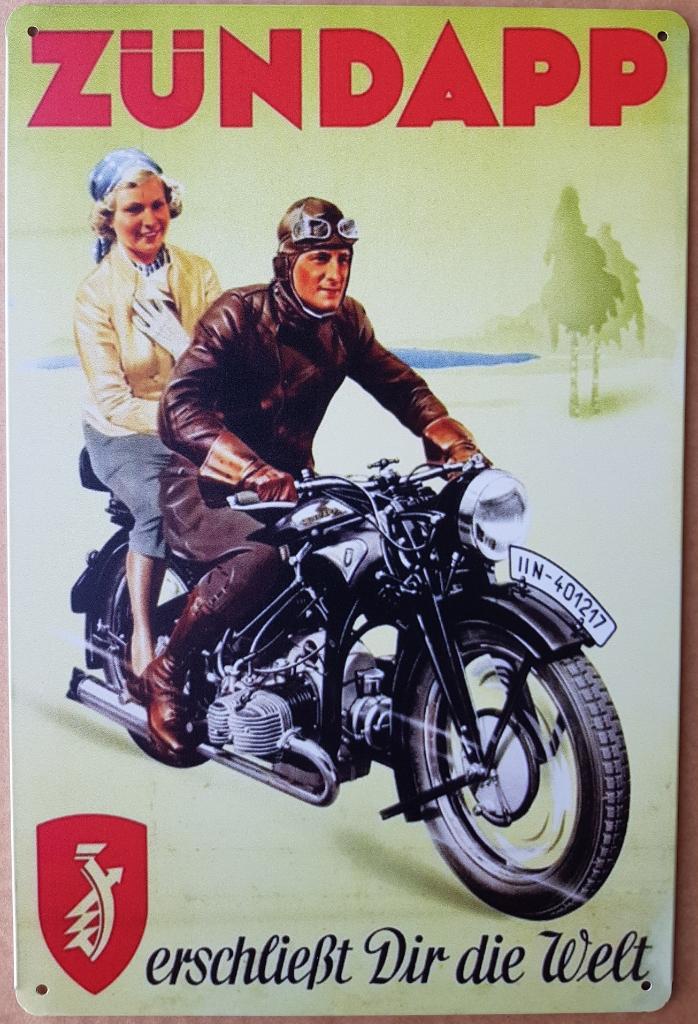 Zundapp brommer die welt reclamebord van metaal wandbord, Ophalen of Verzenden, Nieuw, Auto's
