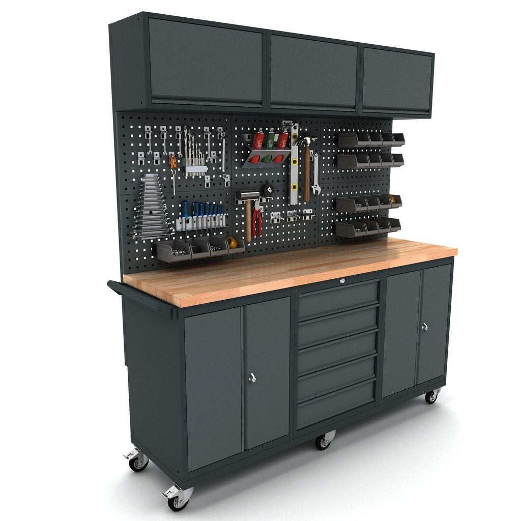 Verrijdbare werkbank 2x 2 deuren 5 laden kast