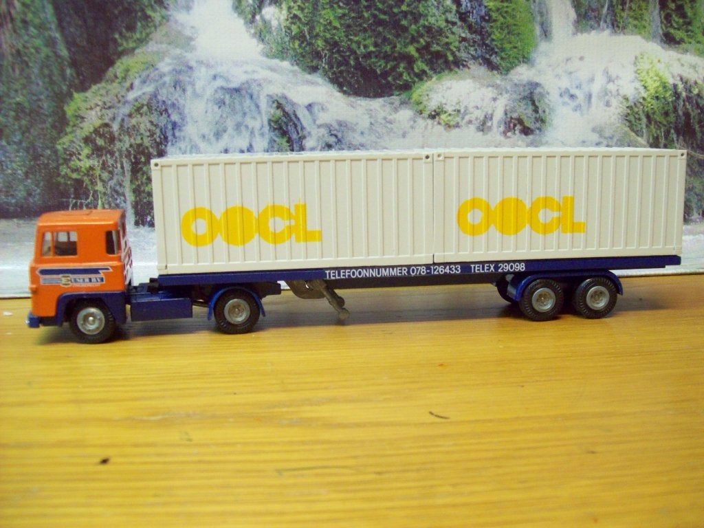 Tekno - Scania 141 -V8 - containertrailer -Euser Zwijndrecht, Hobby en Vrije tijd, Modelauto's | 1:50, Ophalen of Verzenden, Zo goed als nieuw