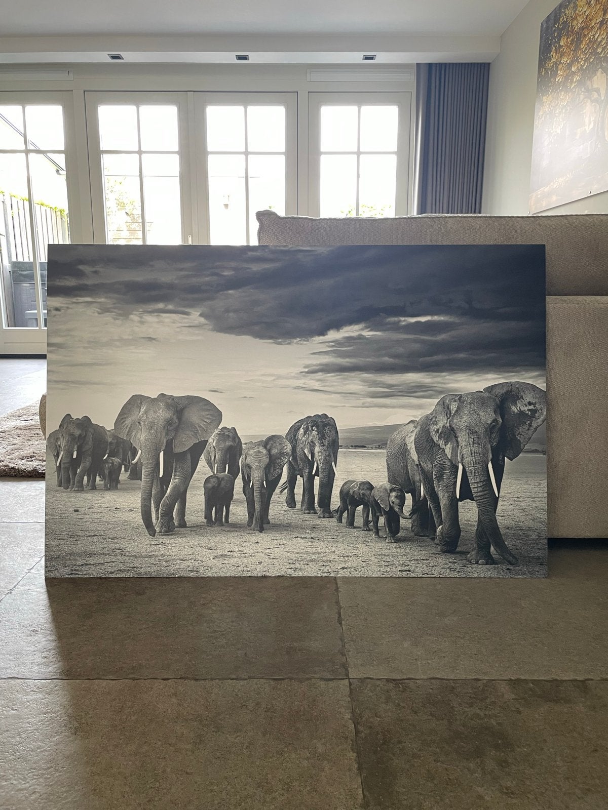 Schilderij olifanten savanne grijs 120x80 cm op forex, Ophalen, Oorspronkelijke maker, Zo goed als nieuw, Schilderij