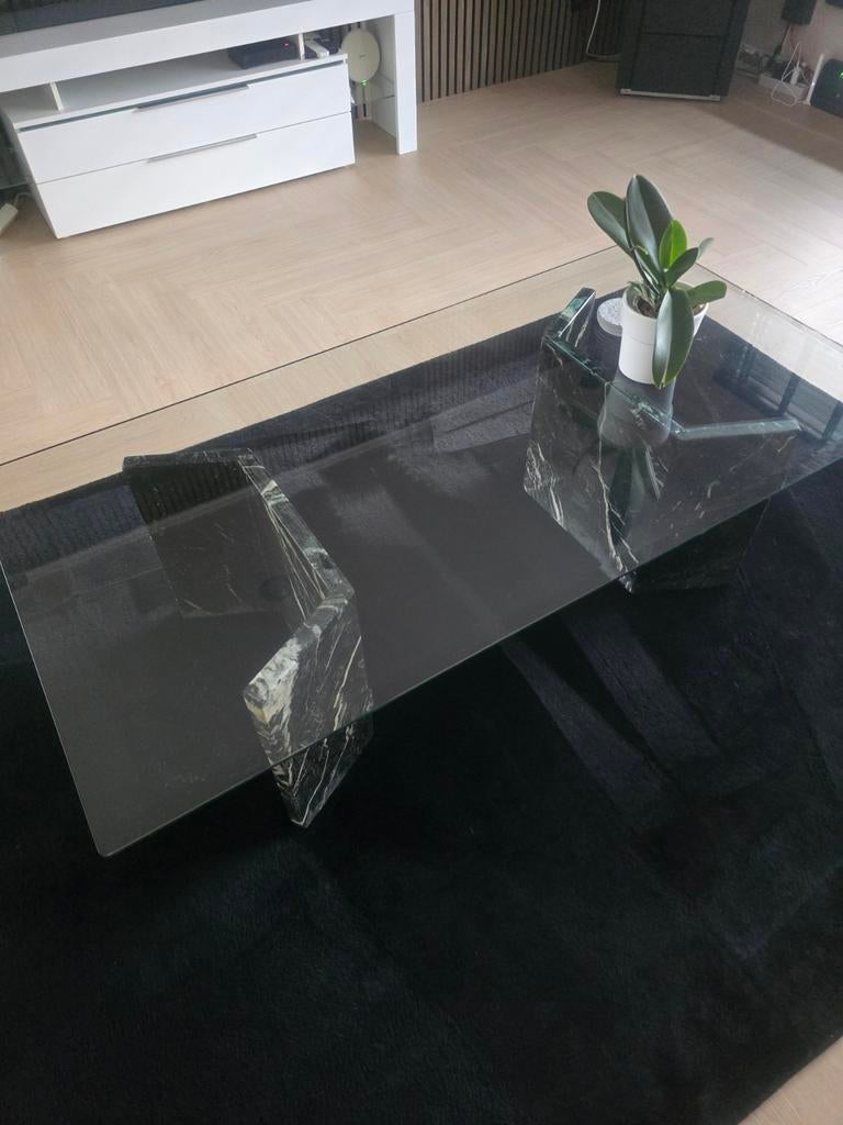 Gratis af te halen: Marmeren salontafel met glas (170x71), Huis en Inrichting, Tafels | Salontafels, Gebruikt, 150 tot 200 cm