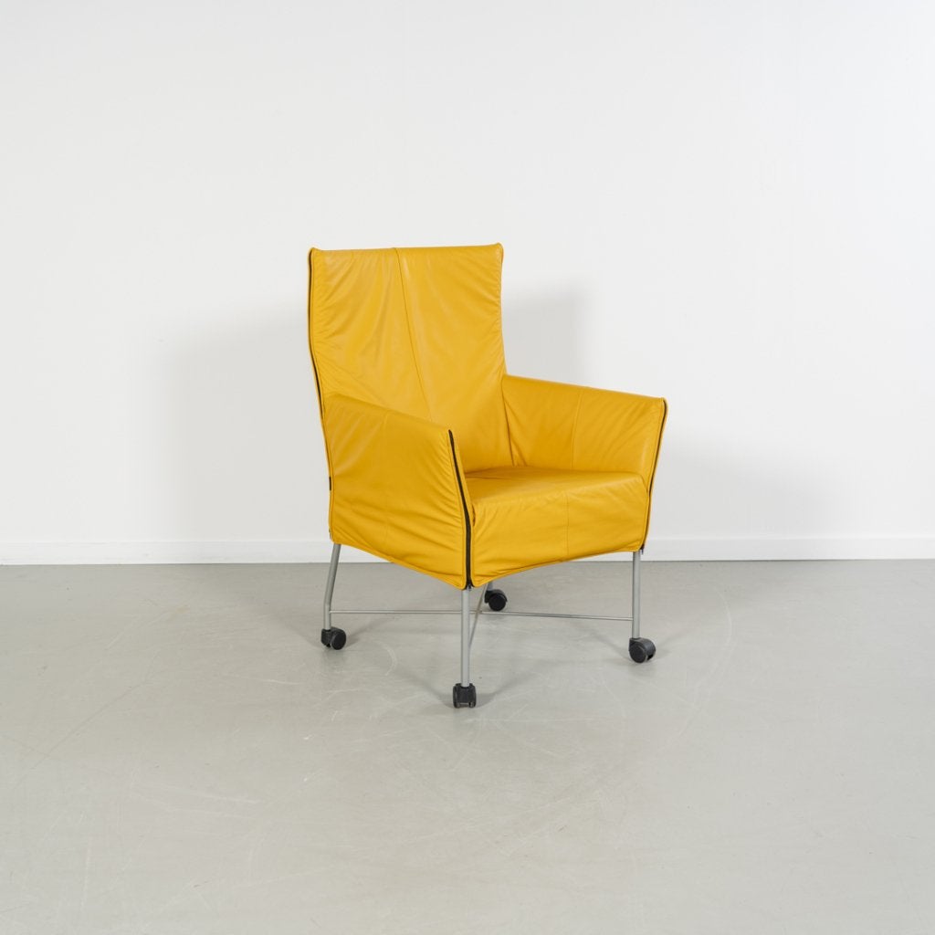 Montis Charly Fauteuil Okergeel Leer - Grijs/Wielen, Huis en Inrichting, Fauteuils, Niet ingevuld, Zo goed als nieuw, Niet ingevuld