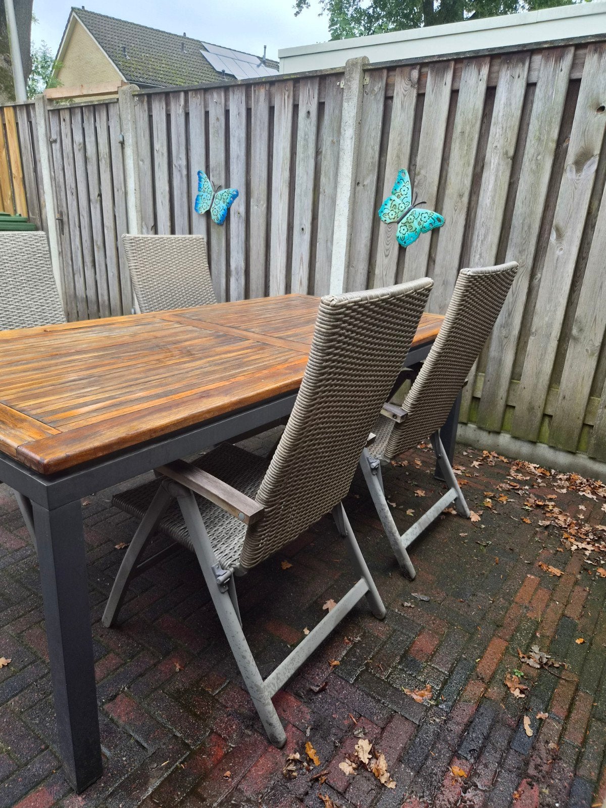 Tuinset met houten tafel en 4 stoelen, Ophalen, 4 zitplaatsen, Gebruikt, Tuinset