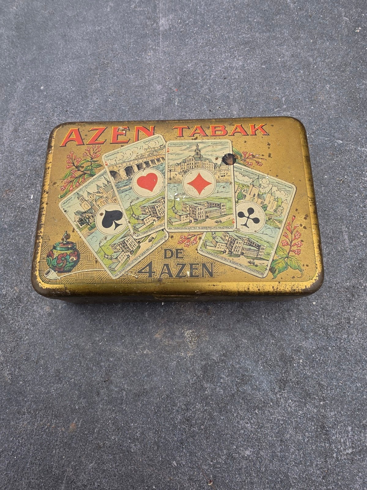 Vintage De 4 Azen Tabak Blik - 10x3x13 cm, Ophalen of Verzenden, Gebruikt, Overige, Overige merken
