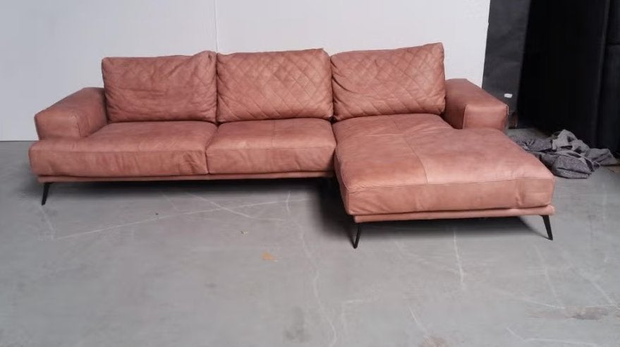 Leren hoekbank / loungebank cognac – ruime 3-zits, 250 tot 300 cm, 125 tot 150 cm, Hoekbank, Leer