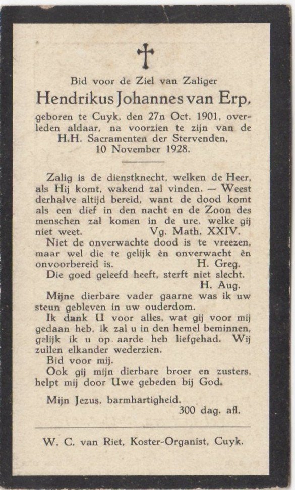 Hendrikus J. van Erp 1901 Cuyk + 1928 Erp, 27 jaar oud, Verzamelen, Bidprentjes en Rouwkaarten, Ophalen of Verzenden