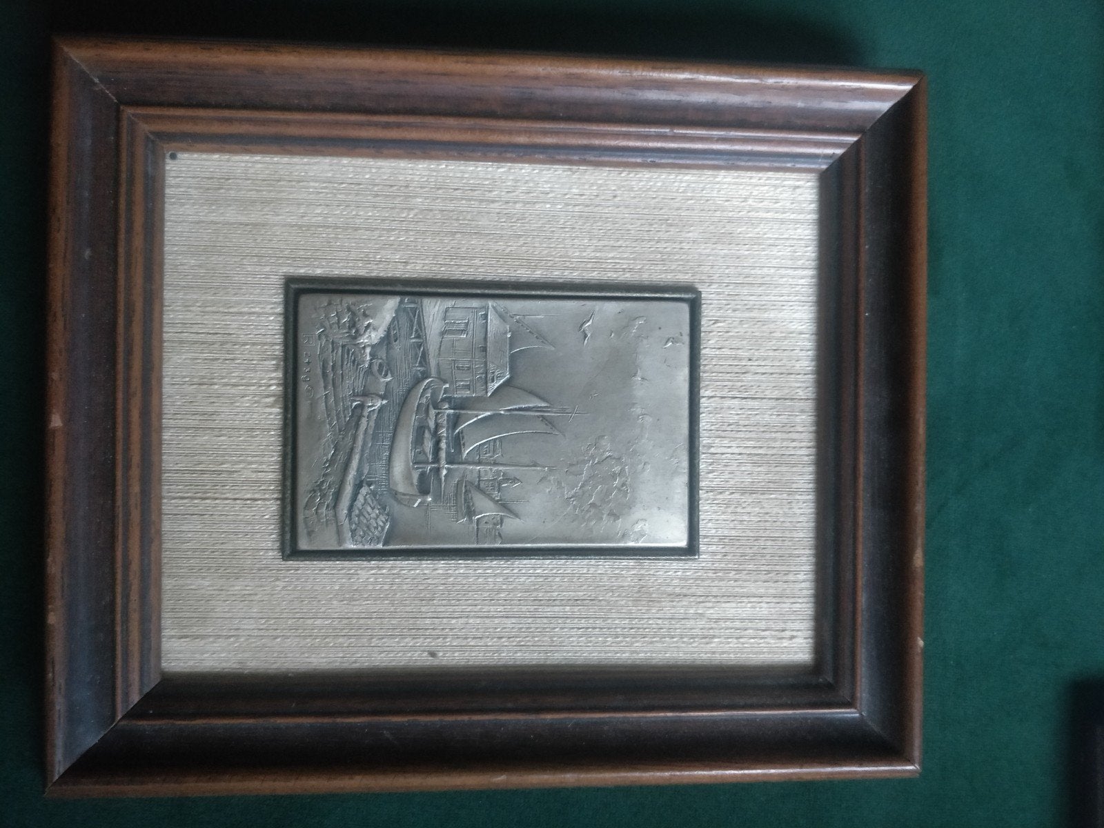 Ingelijste zilveren plaat met schepen en gebouwen, Minder dan 50 cm, Oorspronkelijke maker, Overige typen, Ophalen of Verzenden