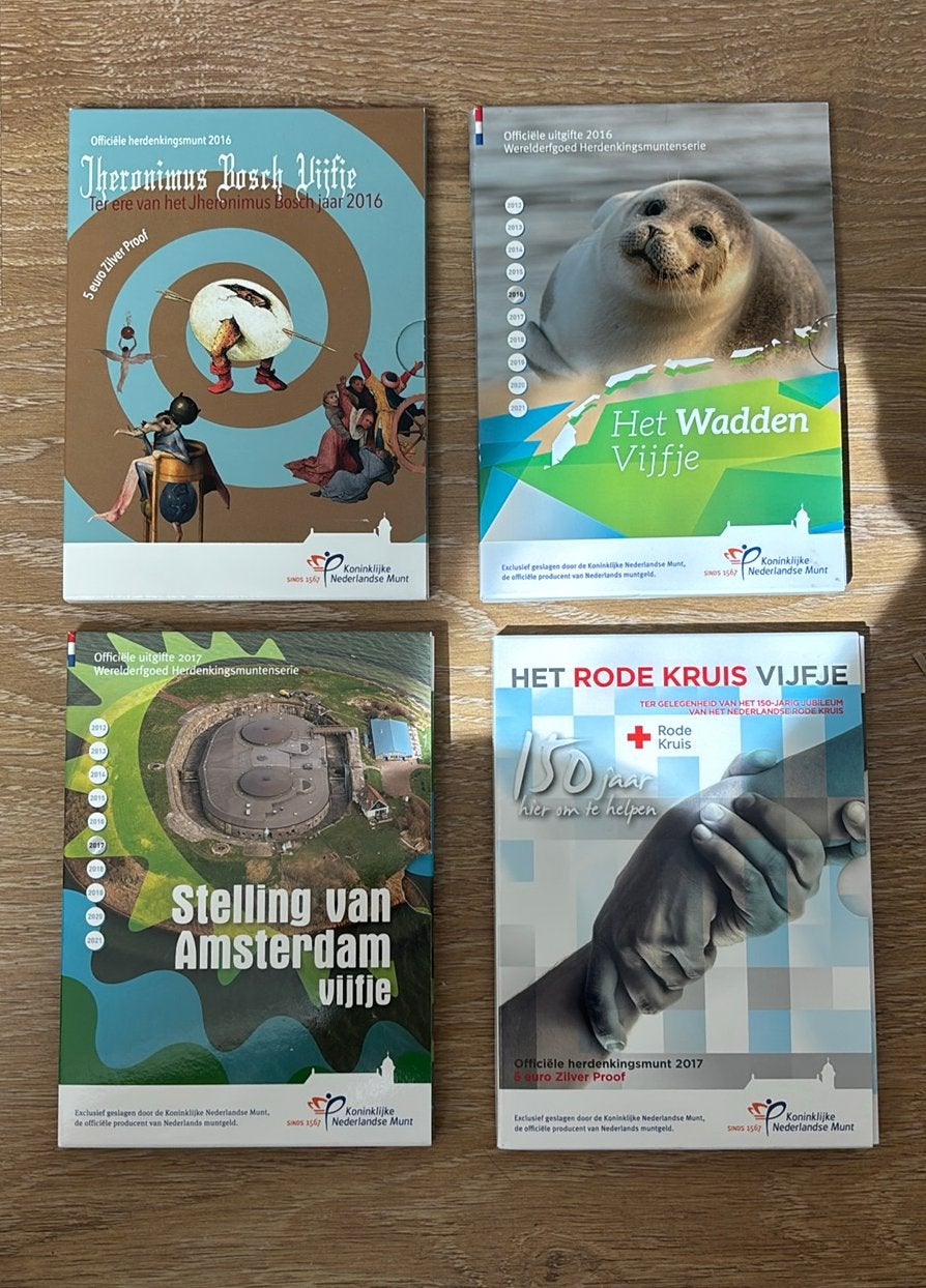 4 zilveren vijfjes KNM proof, Ophalen of Verzenden, Koningin Beatrix, Euro's