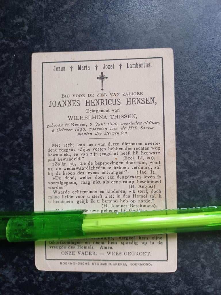 Bidprentje Reuver Joannes Hensen 1829 1899, Verzamelen, Bidprentjes en Rouwkaarten, Ophalen, Bidprentje