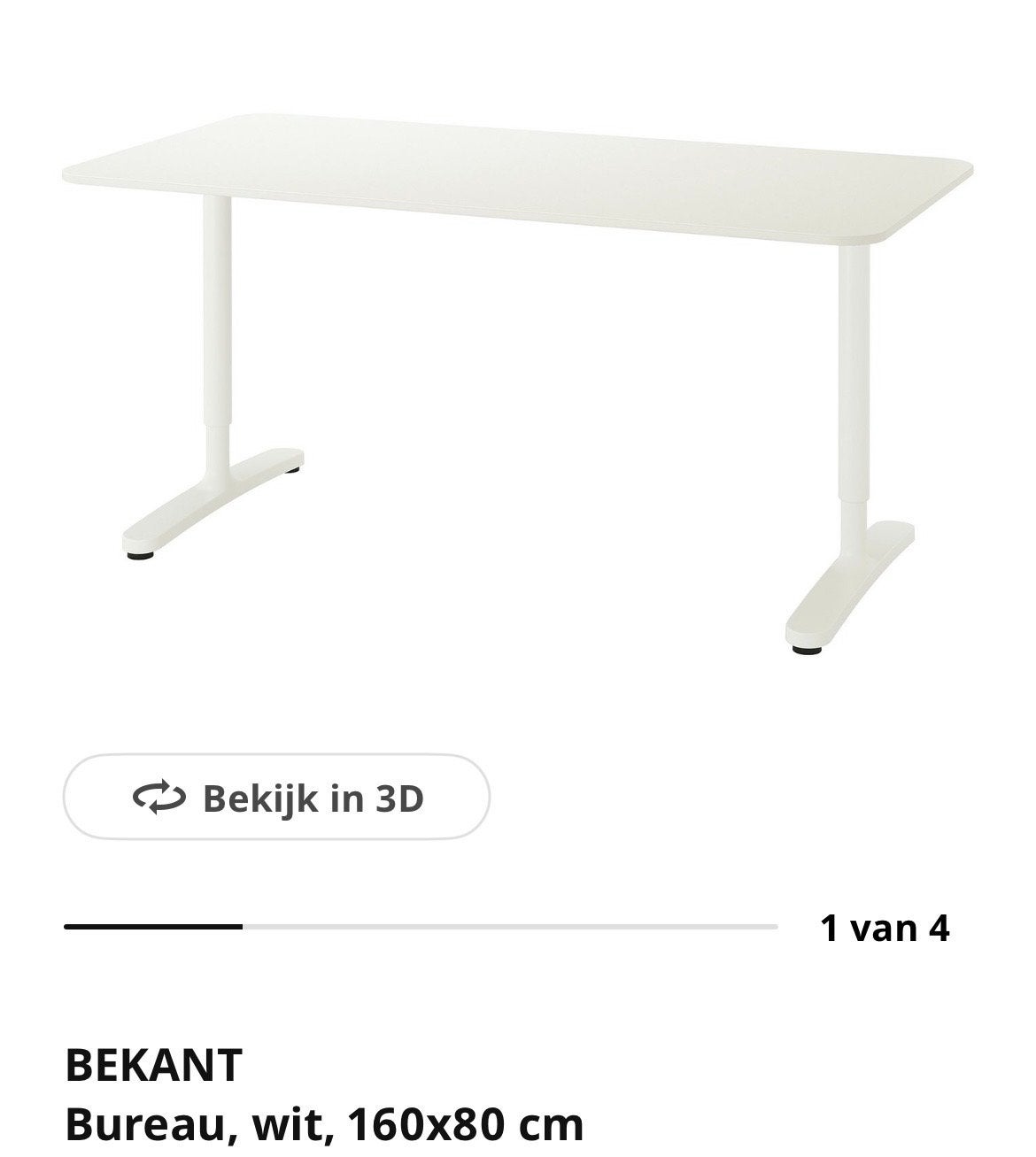 IKEA BEKANT bureau wit 160x80 cm in goede staat, Huis en Inrichting, Ophalen, In hoogte verstelbaar, Zo goed als nieuw, IKEA