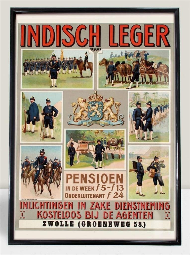 KNIL Indisch Leger 1909 Propaganda Poster in lijst, Verzamelen, Militaria | Algemeen, Verzenden, Landmacht, Nederland, Foto of Poster