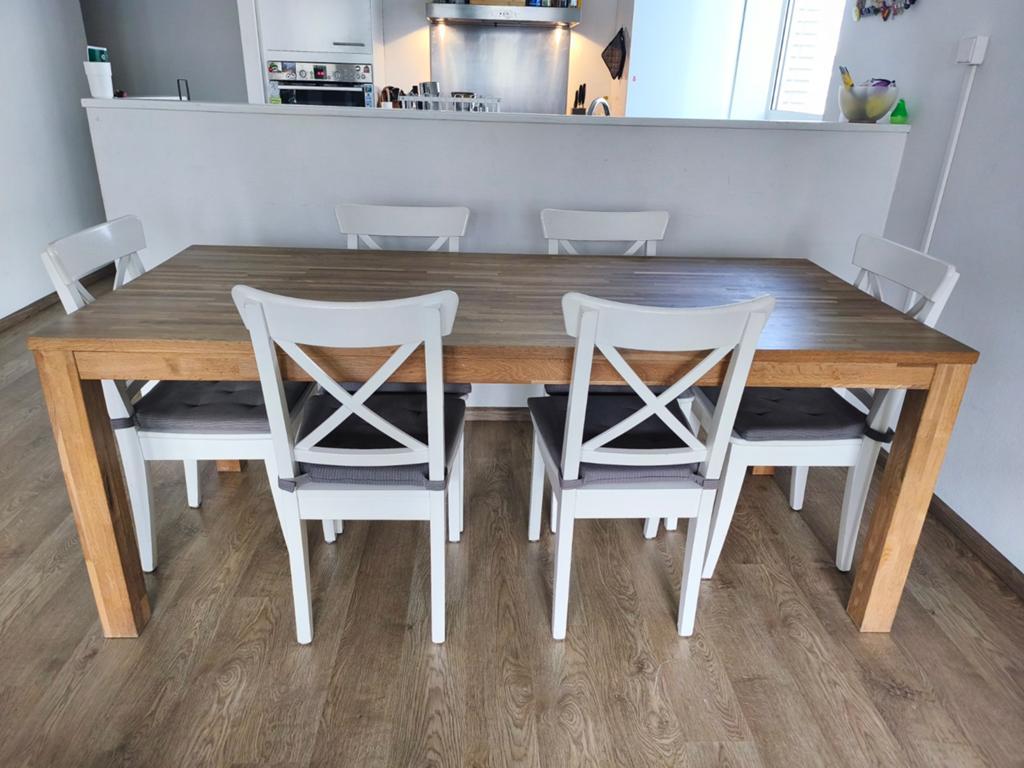 Large Rustic Dining Table + 6 IKEA ROSENTORP Chairs, Huis en Inrichting, Tafels | Eettafels, Ophalen of Verzenden, Rechthoekig