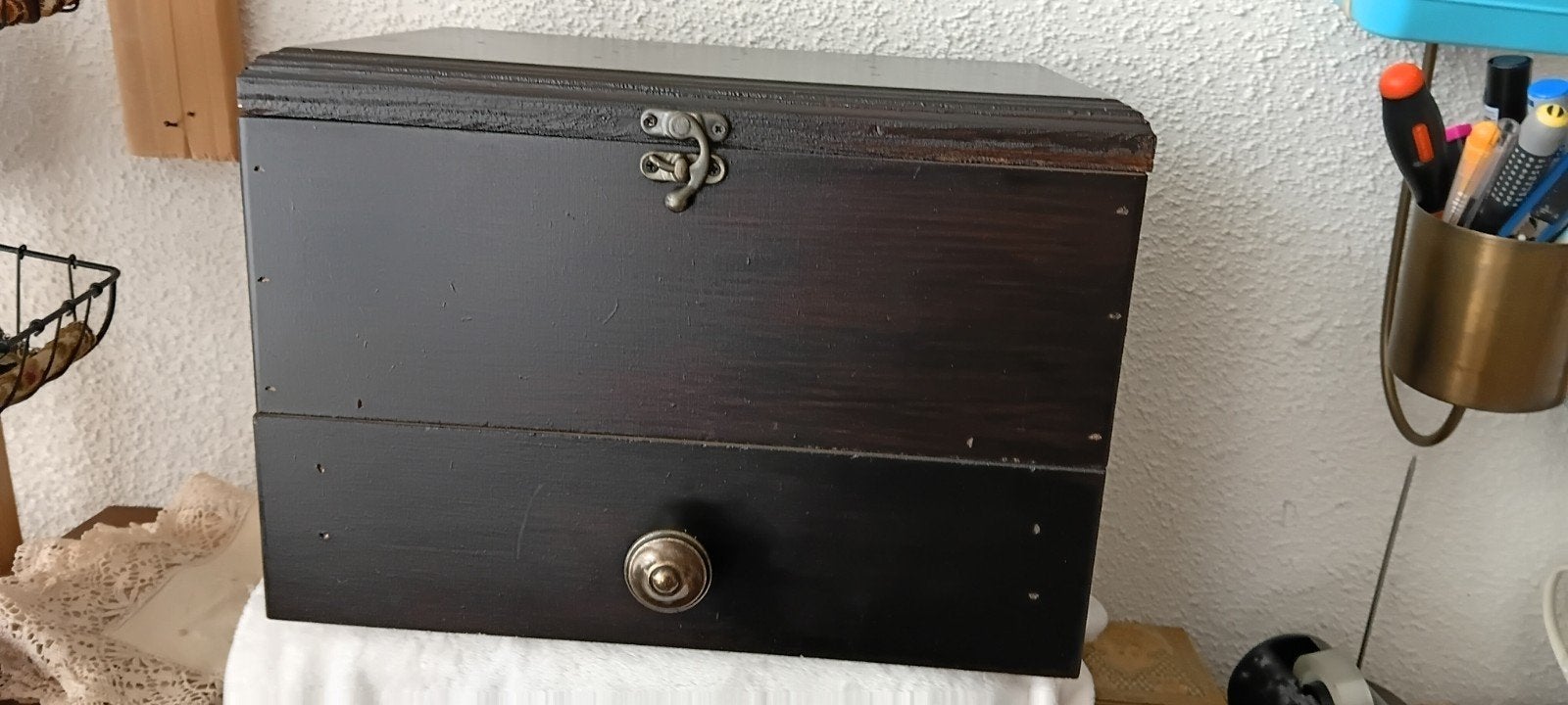 Houten kistje met klep en lade - 30x20x21 cm, Ophalen of Verzenden, Gebruikt