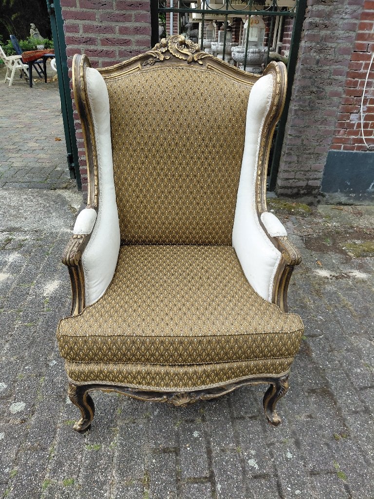 Antieke goud vergulde Franse Bergére fauteuille., Ophalen