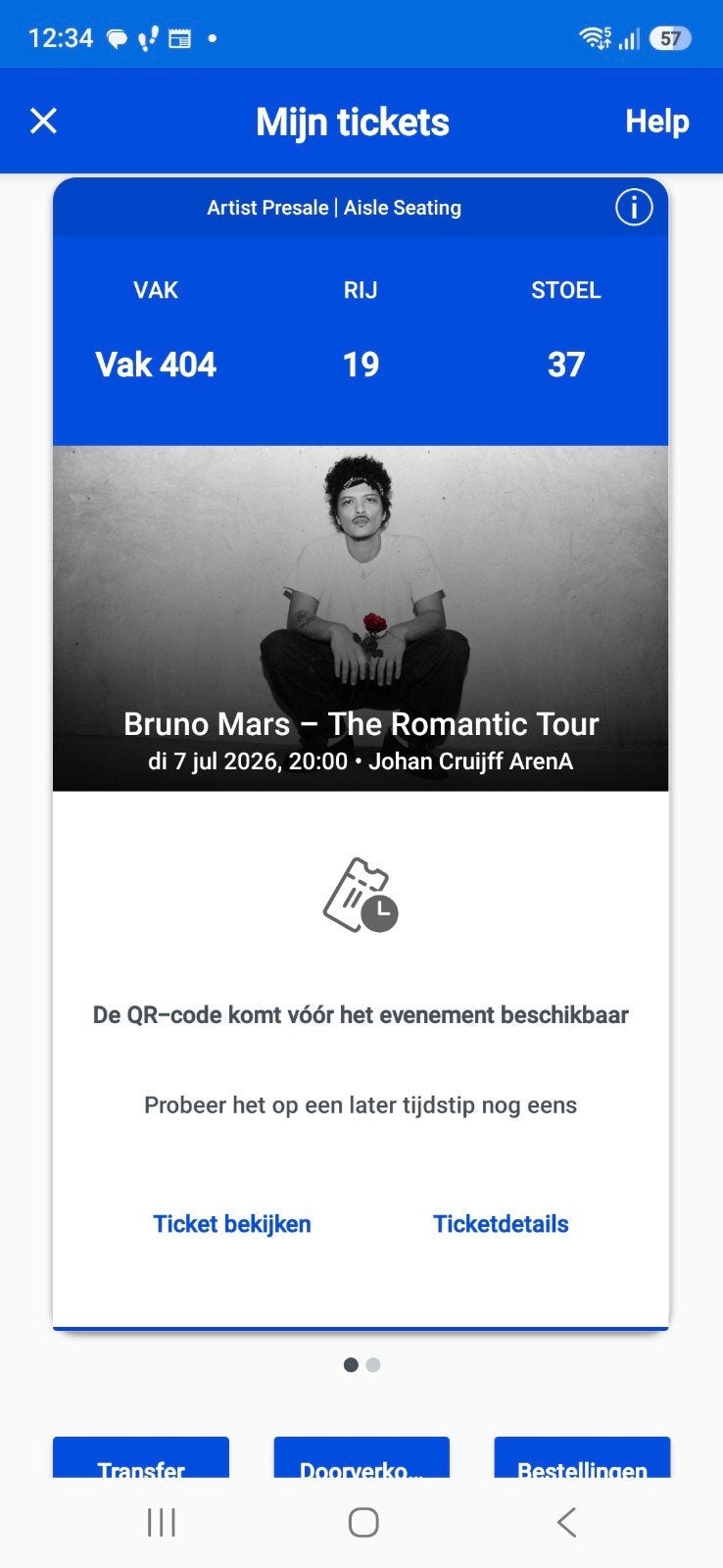 Te koop: 1 ticket Bruno Mars. 7 juli Vak 404 rij 19 stoel 37, Tickets en Kaartjes