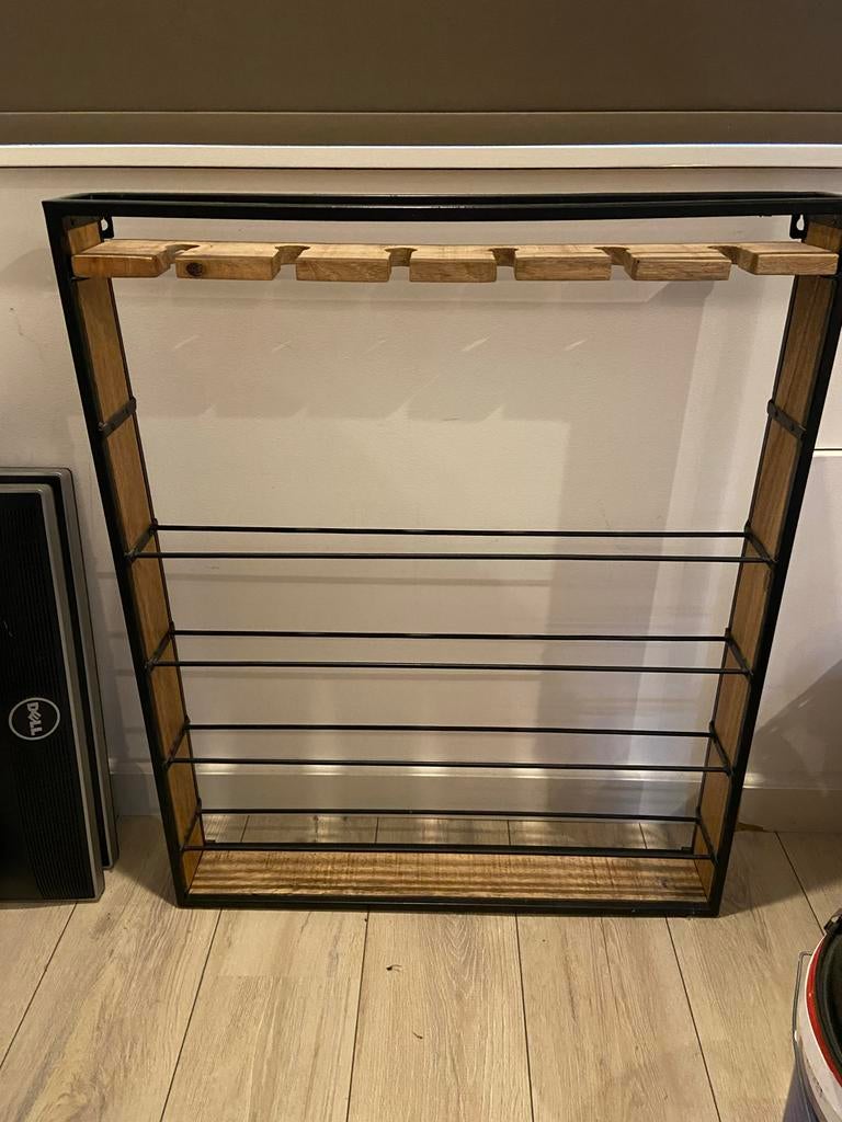 Wijnrek wand mango hout en metaal - 6 glazen, 8 flessen, Huis en Inrichting, Woonaccessoires | Wijnrekken, Zo goed als nieuw, 75 cm of meer