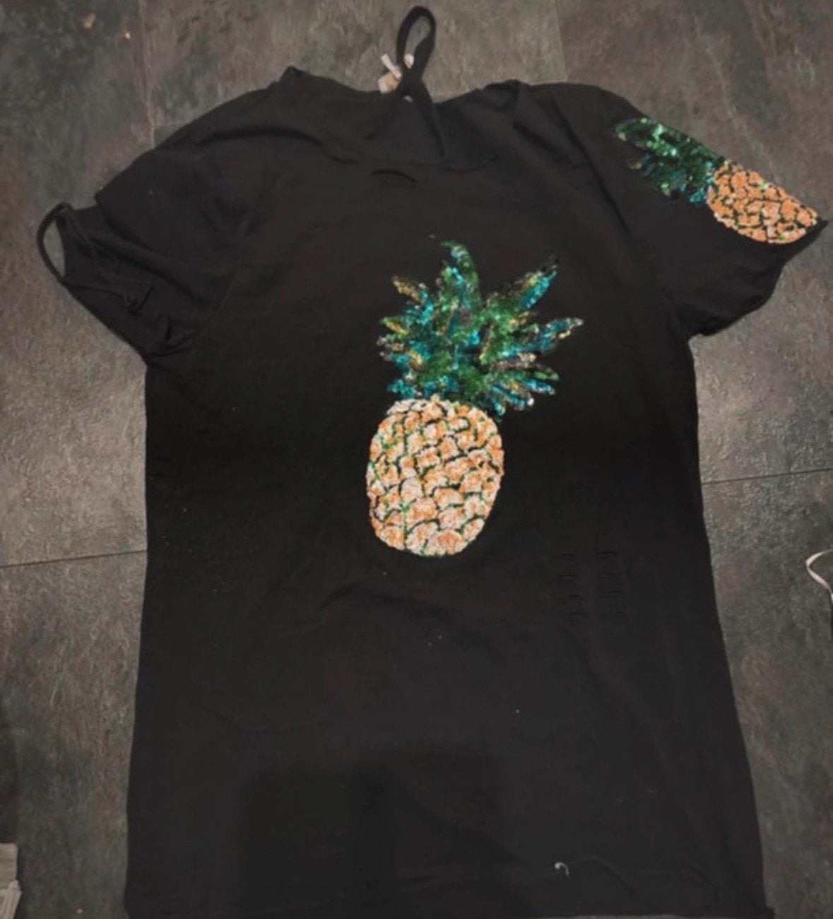 Zwart T-shirt met pailletten ananas - Maat S, Zwart, Ophalen of Verzenden, Korte mouw, Maat 36 (S)