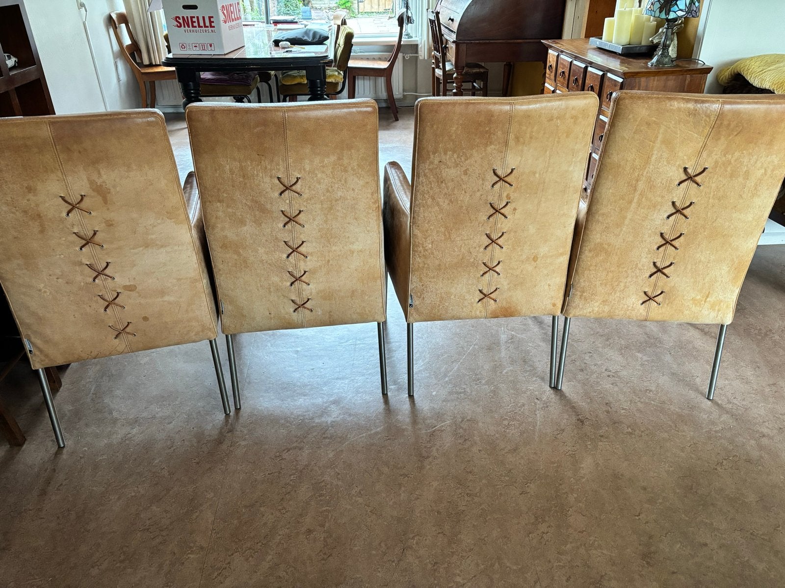 Set van 4 Topform leren eetkamerstoelen - Zo goed als nieuw, Huis en Inrichting, Ophalen, Bruin, Leer, Zo goed als nieuw