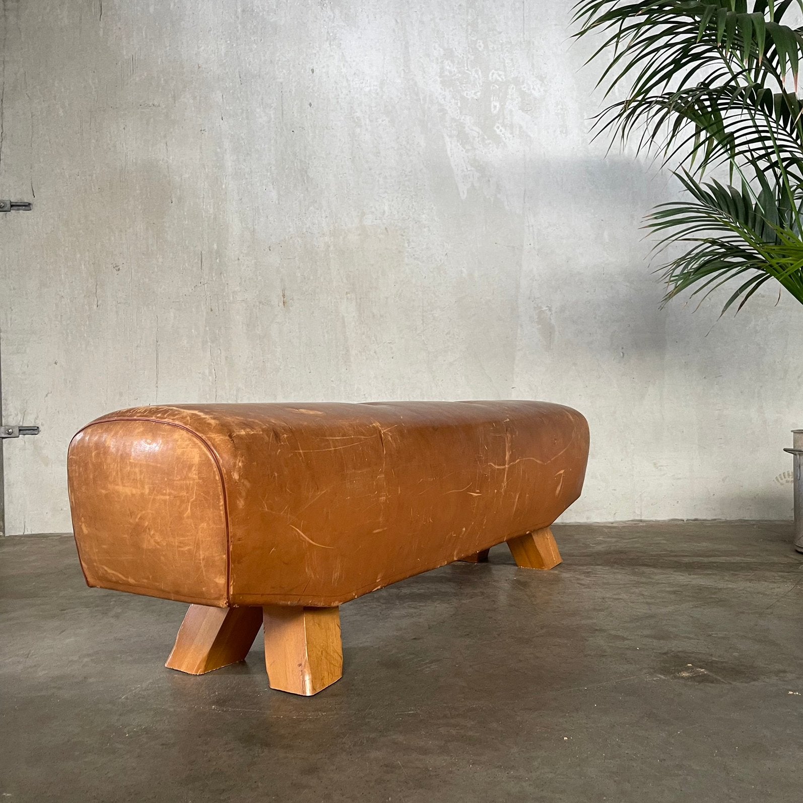 Oud turnpaard, vintage turntoestel, bank, bankje, turnbok, Ophalen, 125 cm of meer, Leer, Zo goed als nieuw