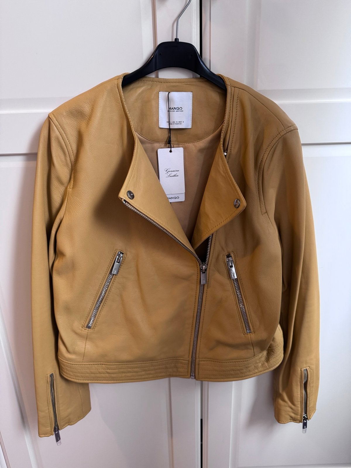 Nieuwe Mango Leren Jas - Okergeel, Maat L, Ophalen of Verzenden, Nieuw, Maat 42/44 (L), Geel