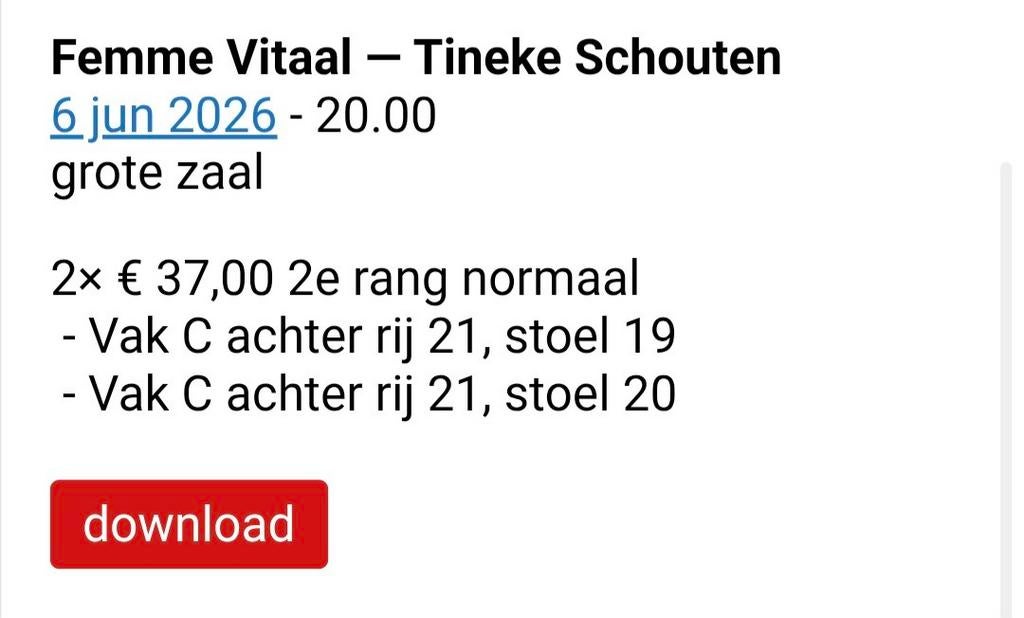 Kaartjes Tineke Schouten Chassé theater Breda, Twee personen, Juni