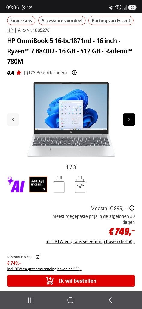 HP OmniBook 5 16-bc1871nd — 16 cali — Ryzen 7 8840U, Nieuw, Ophalen of Verzenden, 16 inch, 4 Ghz of meer