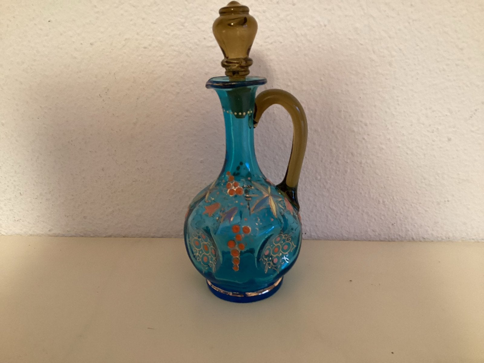 Boheemse karaf met handvat en stop, blauw glas, Ophalen of Verzenden
