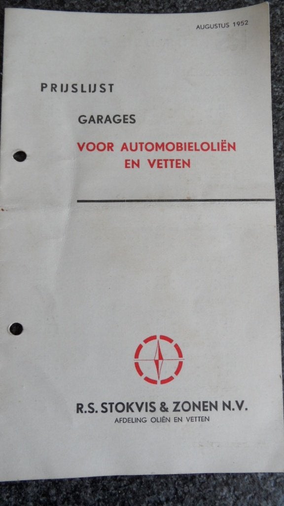 R.S.Stokvis & Zonen prijslijst 1952 garages, automobielolie, Verzenden, Gebruikt, Gebruiksvoorwerp