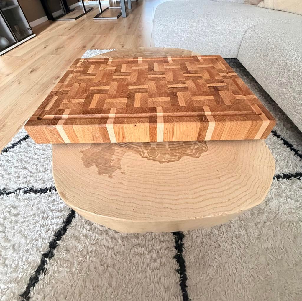 Prachtige handgemaakte end-grain snijplank – Eiken & Esdoorn, Gebruikt, Hout, Snij-/serveerplank, Ophalen of Verzenden