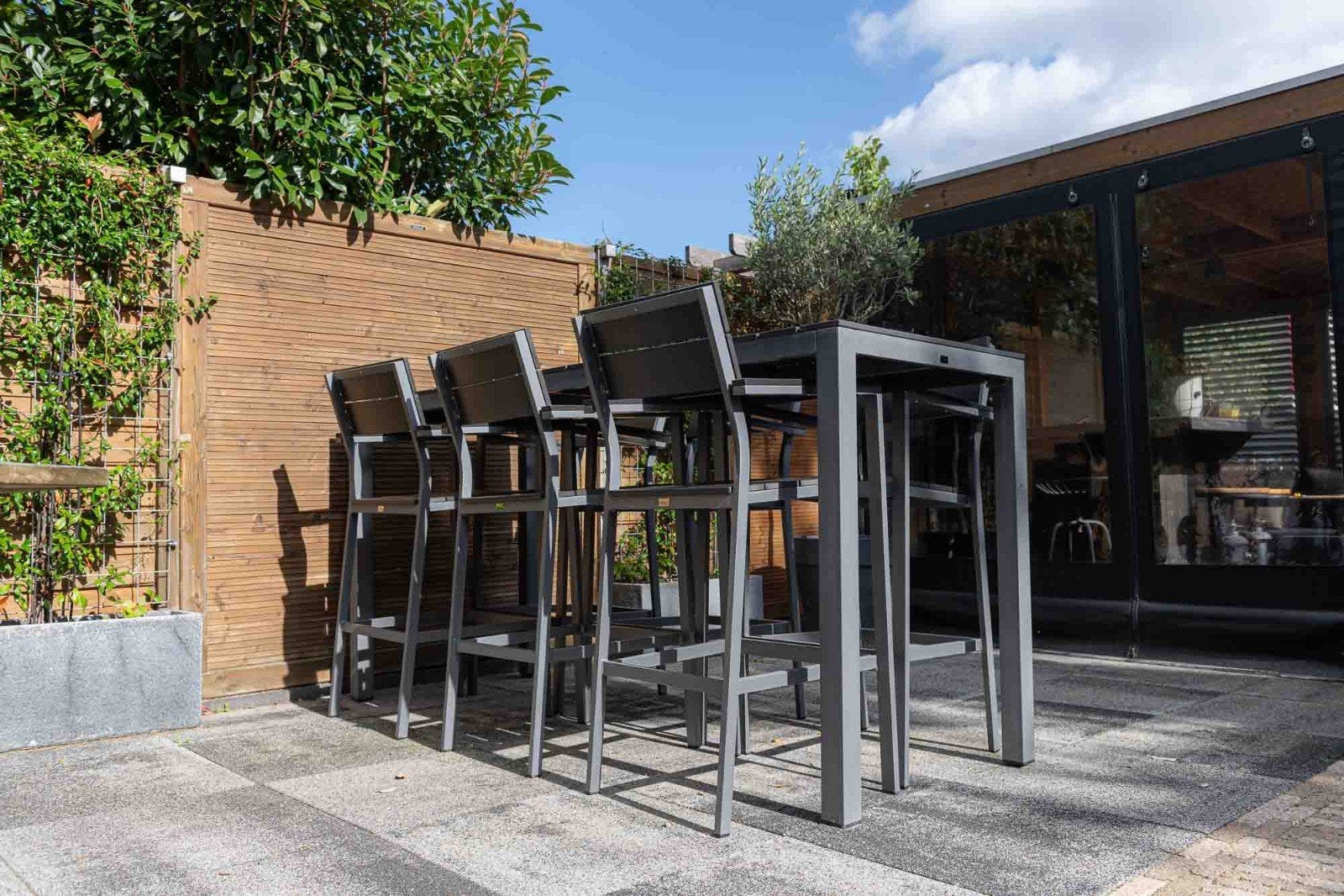 Bellagio Fidenza Bartafel met 6 barstoelen Royal Grey, Tuin en Terras, Ophalen, 6 zitplaatsen, Aluminium, Zo goed als nieuw