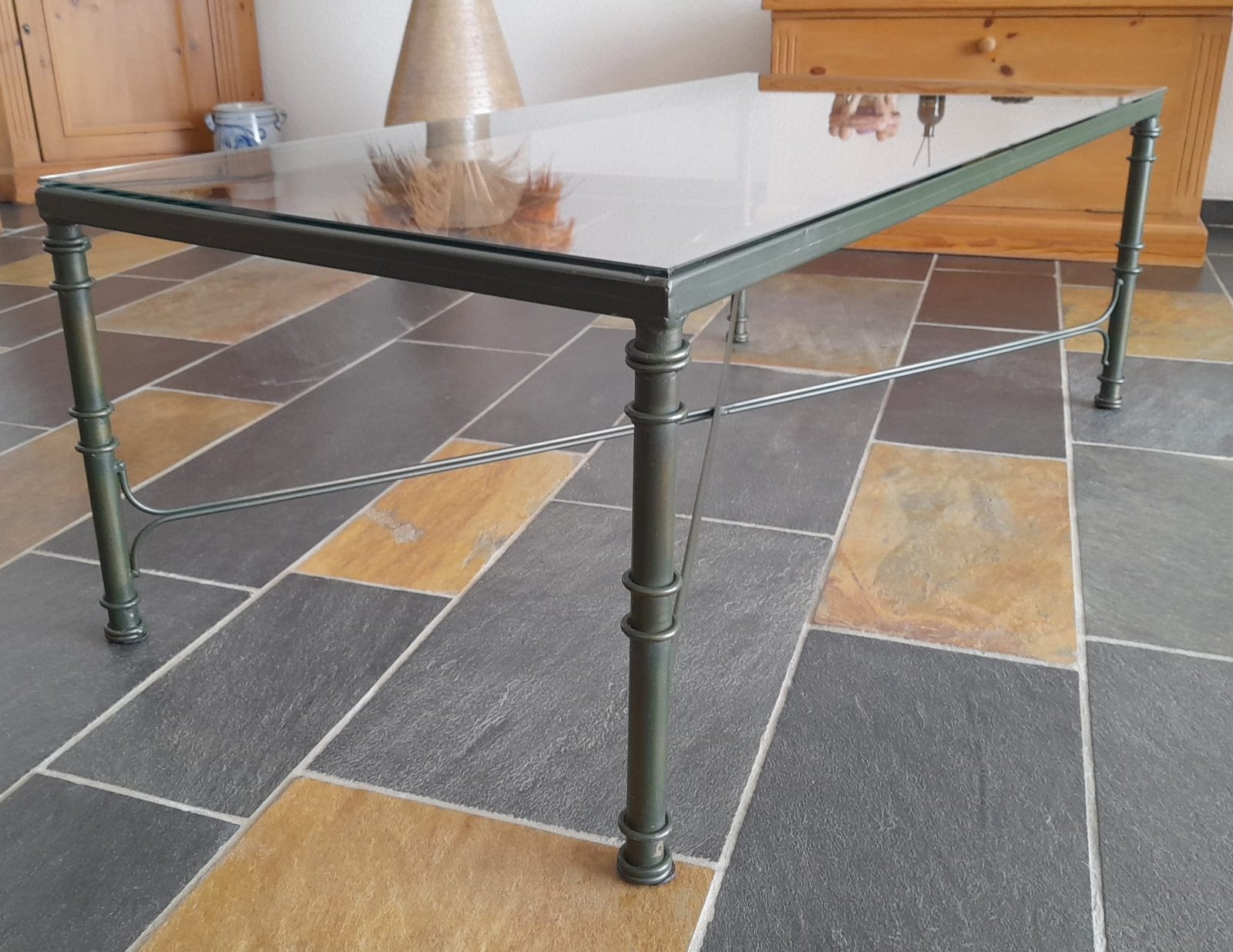 Glazen salontafel met smeedijzeren onderstel, Ophalen, 100 tot 150 cm, 50 tot 100 cm, Rechthoekig